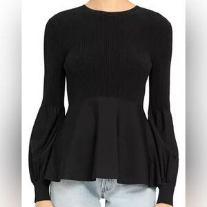 Theory blouson sleeve flared hem blouse peplum stretch black knit office rare S